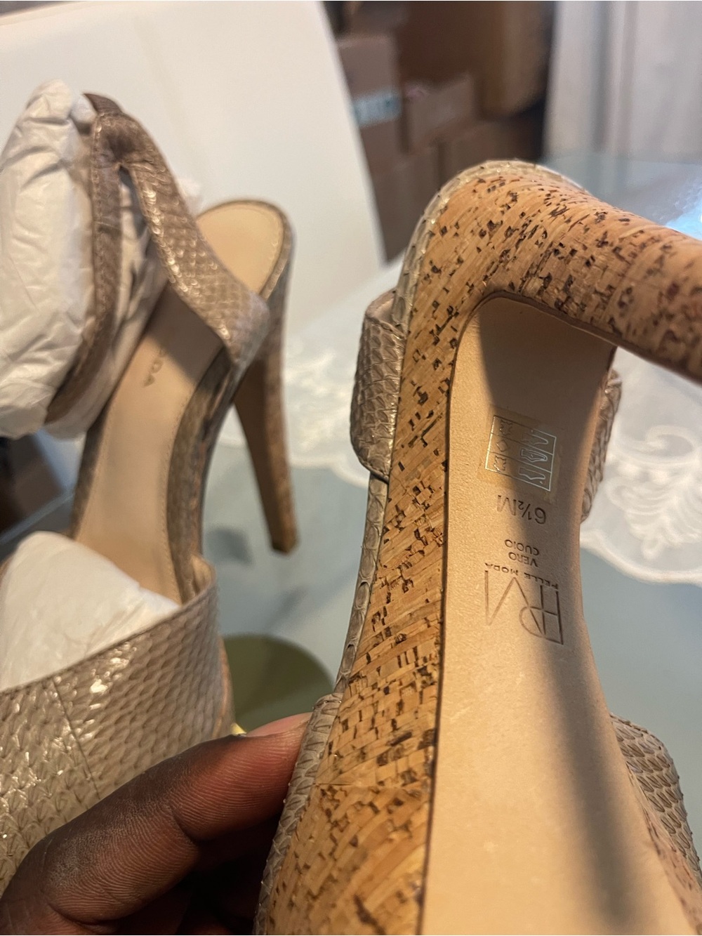 Pelle Moda Metallic Taupe Snake-Embossed Cork Platform Heels